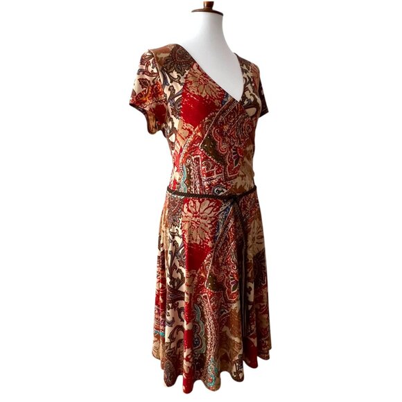 Lauren Ralph Lauren XL Dress Fall Boho Faux Wrap Stretch Patchwork Paisley belt - Picture 8 of 15